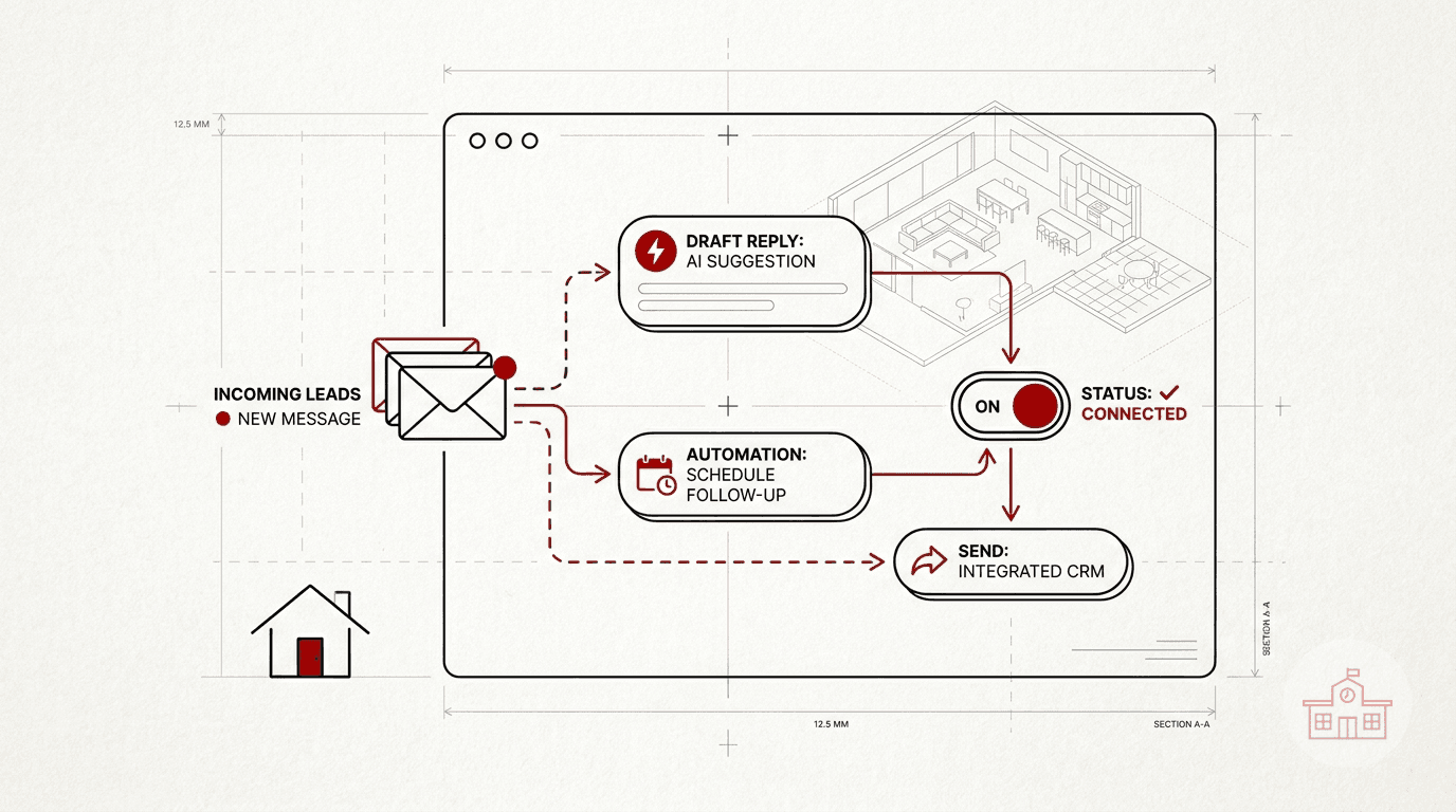 Architectural line-art workflow showing Claude sorting an incoming real estate lead into an approval-gated reply, with house motifs and a red schoolhouse watermark