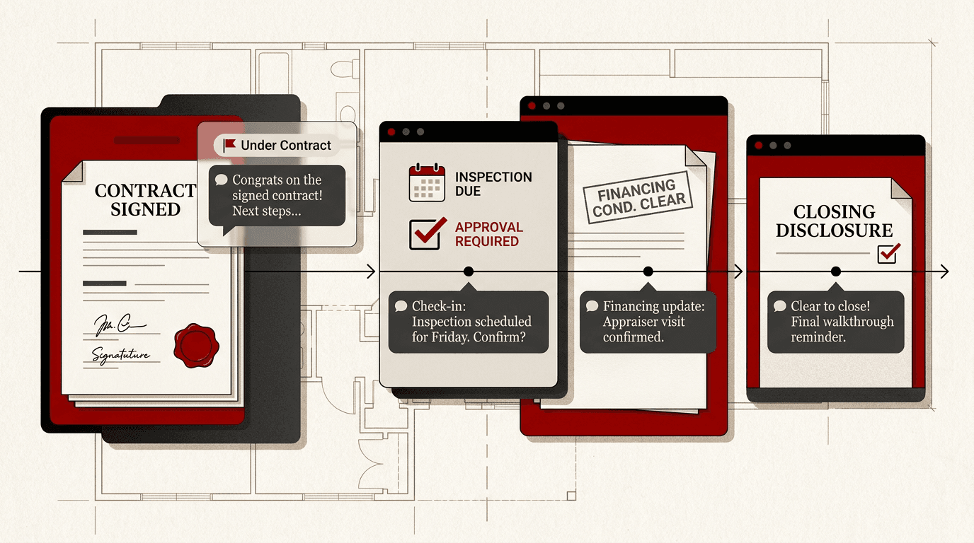 Architectural line-art under-contract timeline with message bubbles, approval checkpoints, calendar entries, and contract documents on a floor plan background
