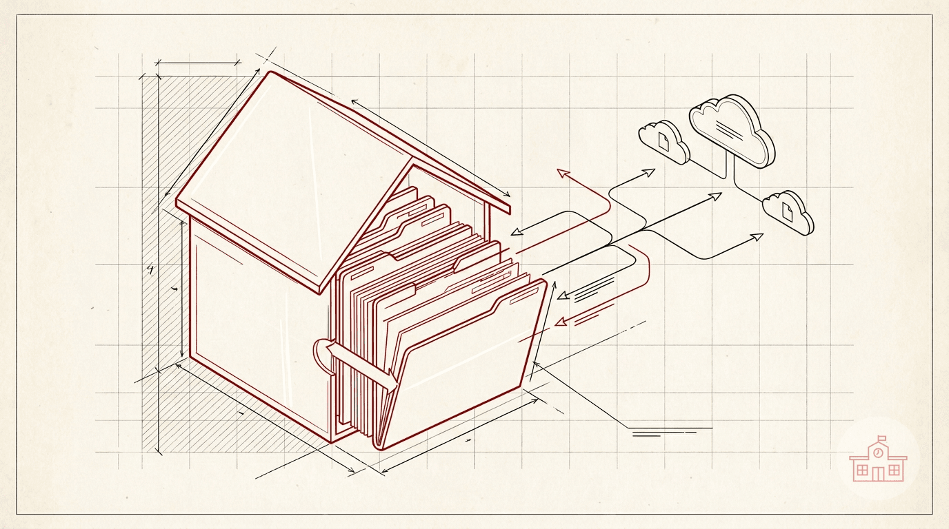 Architectural line-art house filing system with document folders, automation arrows, cloud storage, and a red schoolhouse watermark