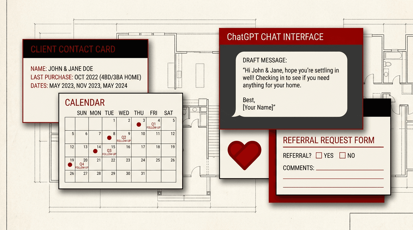 Layered editorial collage showing a client contact card with purchase history, a quarterly follow-up calendar, a ChatGPT nurture message interface, and a referral request form over an architectural floor-plan background