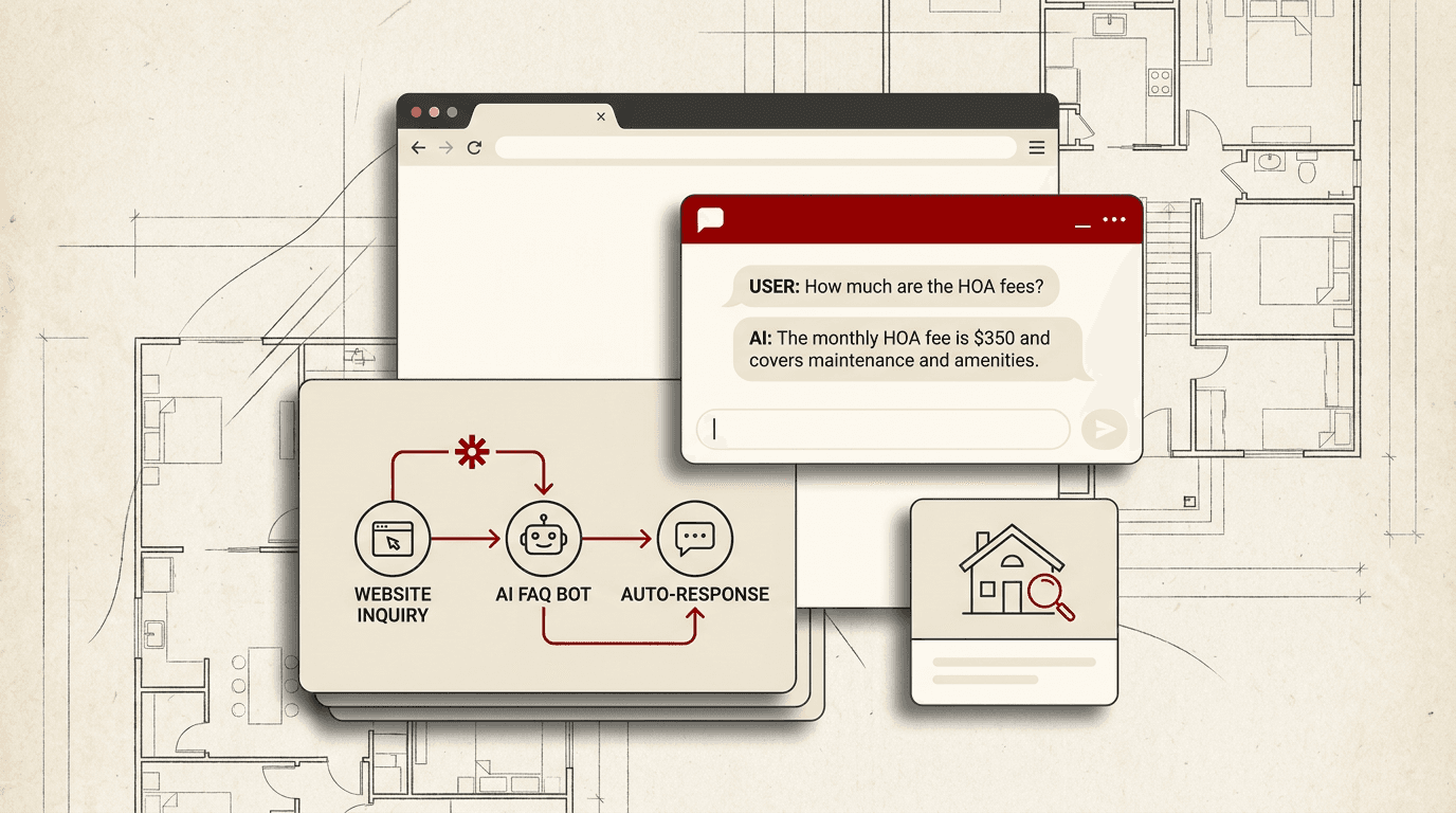 Editorial collage showing an AI chat interface answering a real estate FAQ about HOA fees, layered over a floor-plan drafting background with an automation workflow diagram