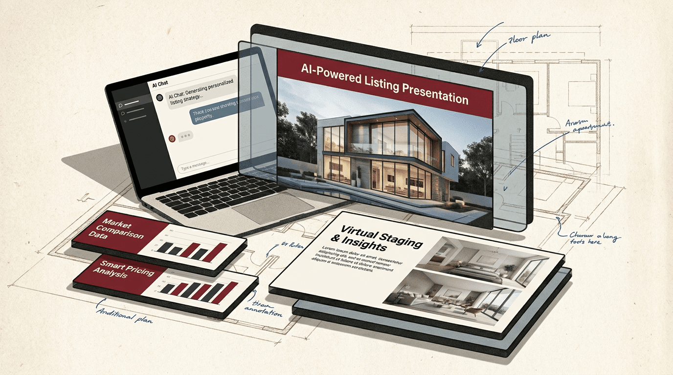 Layered editorial collage showing a laptop with an AI chat interface, a tablet displaying an AI-powered listing presentation with a modern house, and a smartphone showing market comparison data, all over an architectural floor plan background