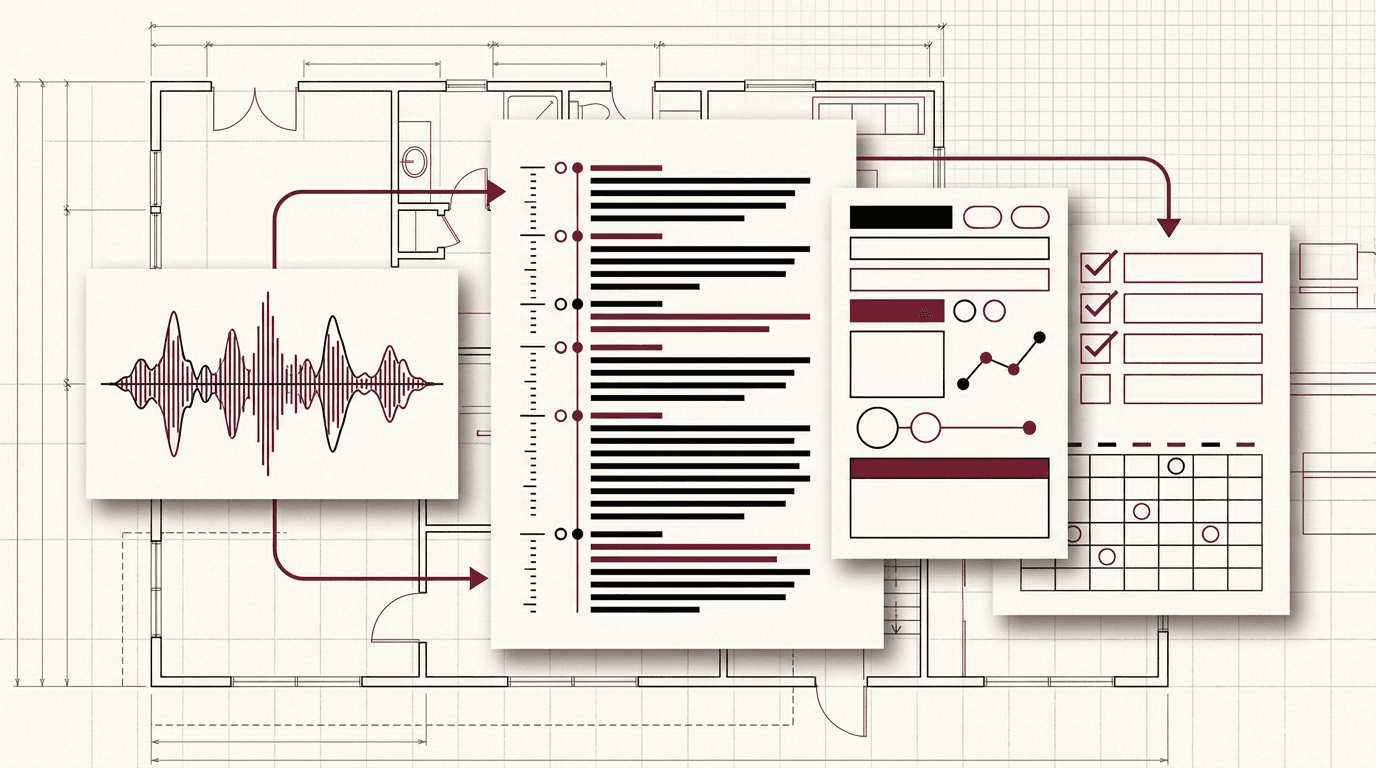 Layered editorial collage of a meeting transcript, audio waveform, client record, action checklist, and calendar over an architectural floor plan
