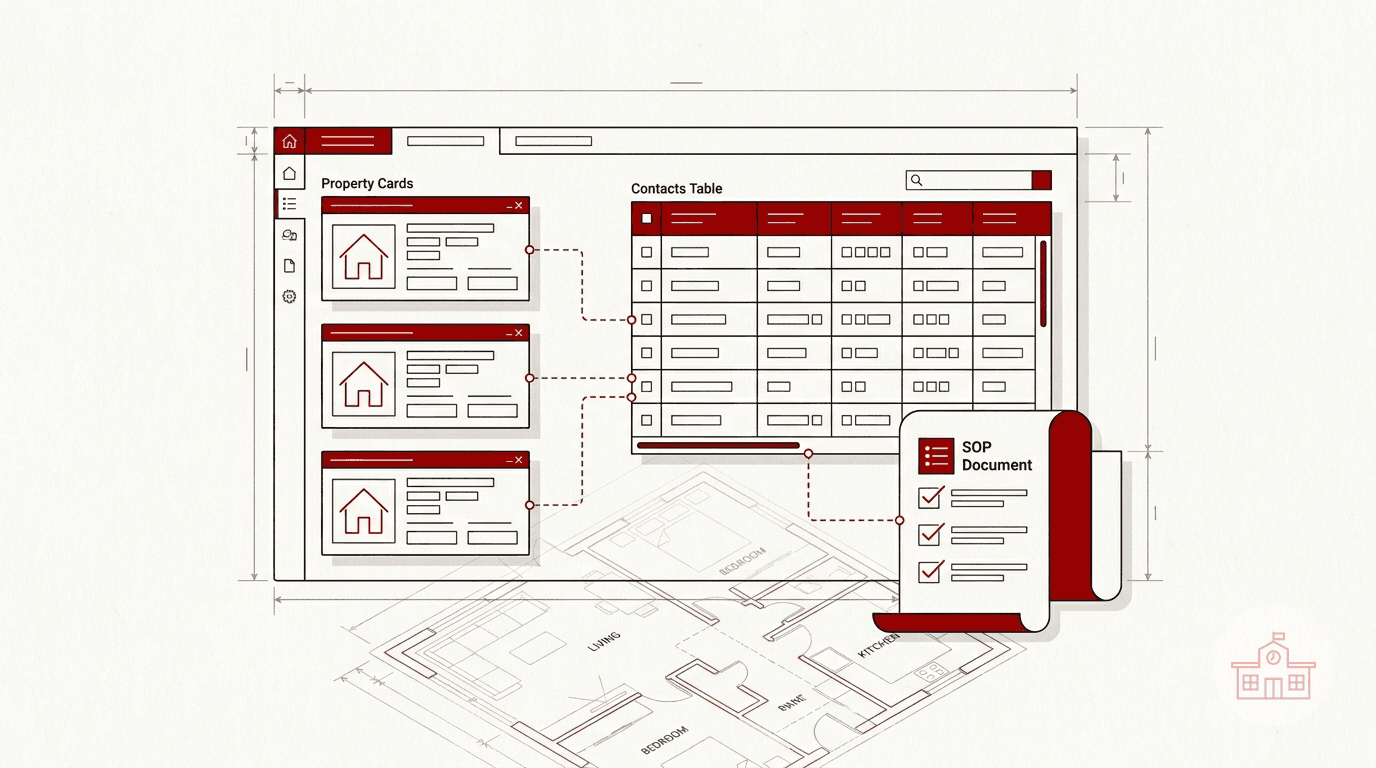 Blueprint-style workspace connecting property cards, a contacts table, and an SOP document over a house floor plan