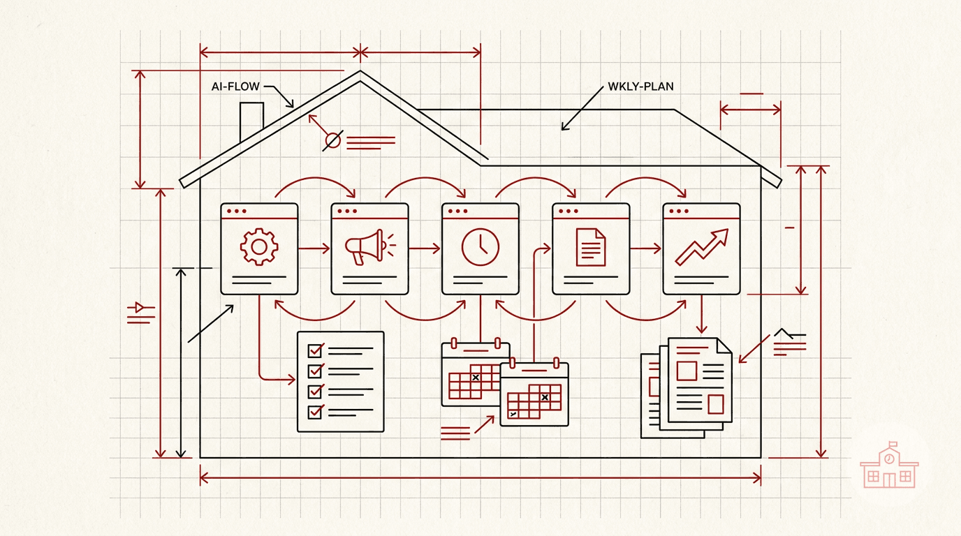 Architectural line-art diagram of a weekly AI marketing workflow inside a house outline