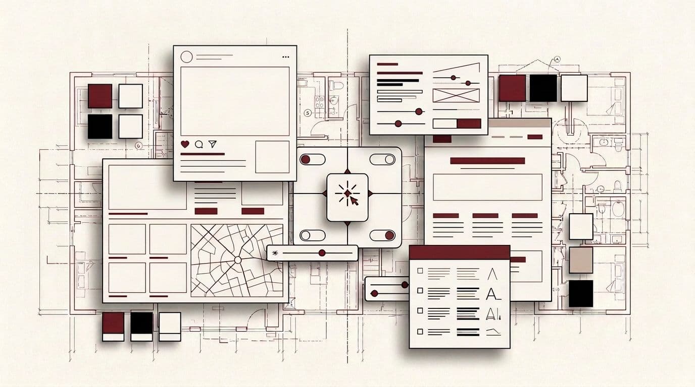 Layered editorial collage of social, listing, email, color, typography, and AI editing templates over an architectural studio plan