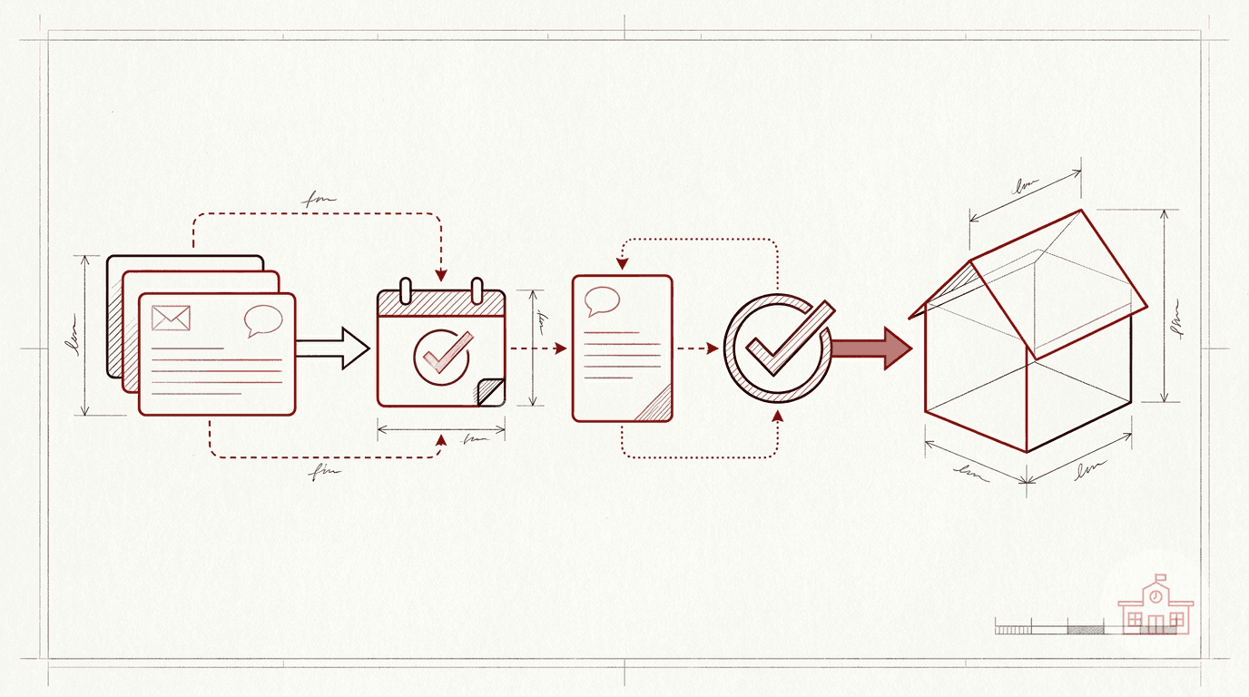 Architectural line-art lead follow-up workflow with message cards, calendar checkpoints, review marks, and a house motif